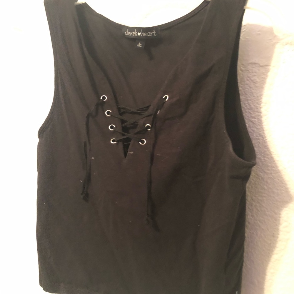 Black tank top with string detailing in the front